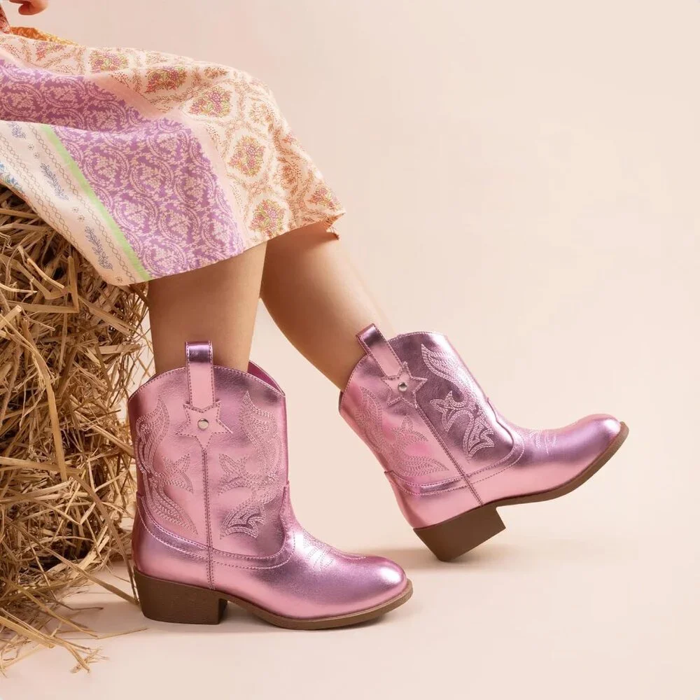⚡Girls Pink Cowgirl Boots With Low Heel Western Embroidered Fashion Mid Calf